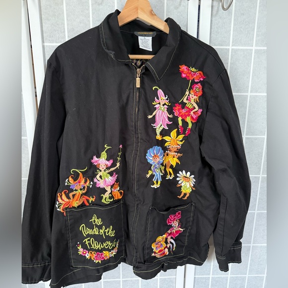 Bob Mackie Wearable Art Embroidered Parade of Flowers Jacket, Black, Large. - Picture 1 of 3
